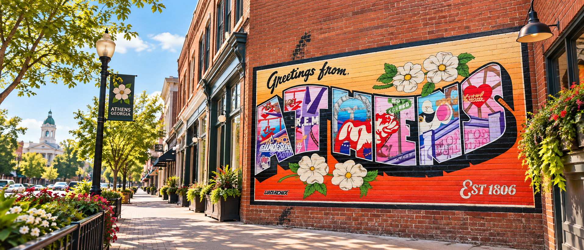 Greetings from Athens mural in downtown Athens, Georgia